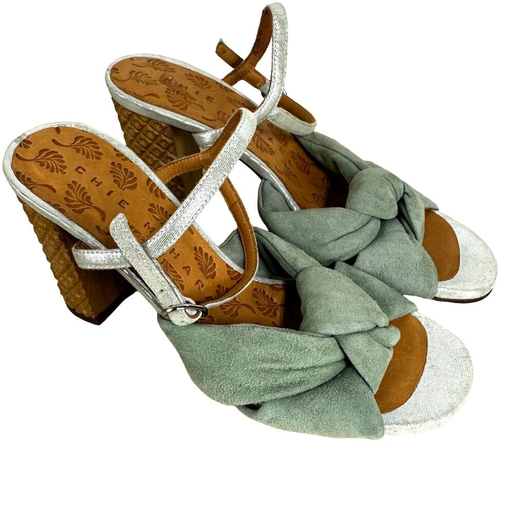 Chie Mihara NWOB Gelia 55mm Calf Suede Sandals Green Open Toe Bow Size 37 (US 7)